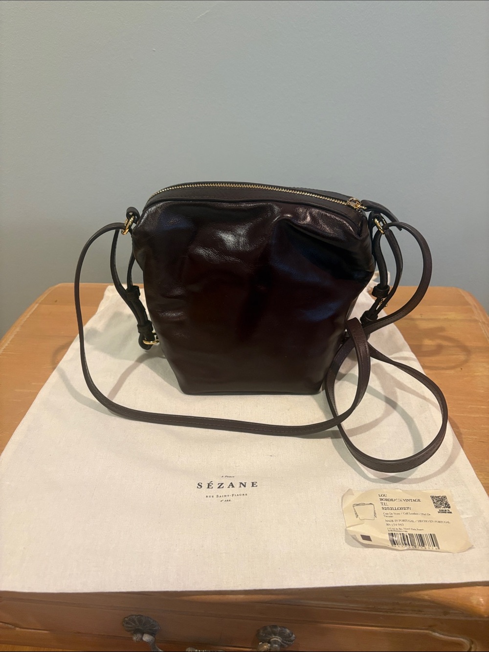 Dark Bordeaux Vintage Sezane Lou Leather Crossbody Bag